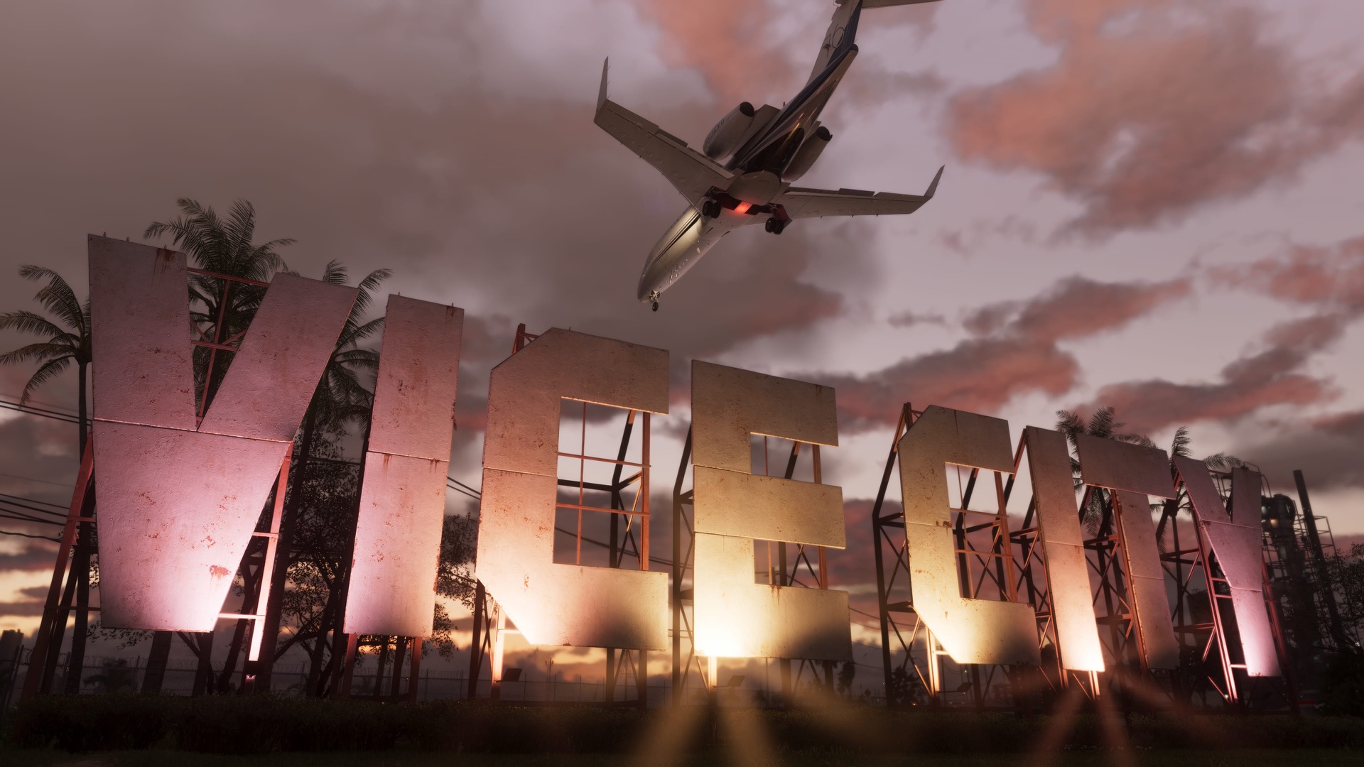 The Vice City sign at sunset with a plane overhead — Grand Theft Auto VI